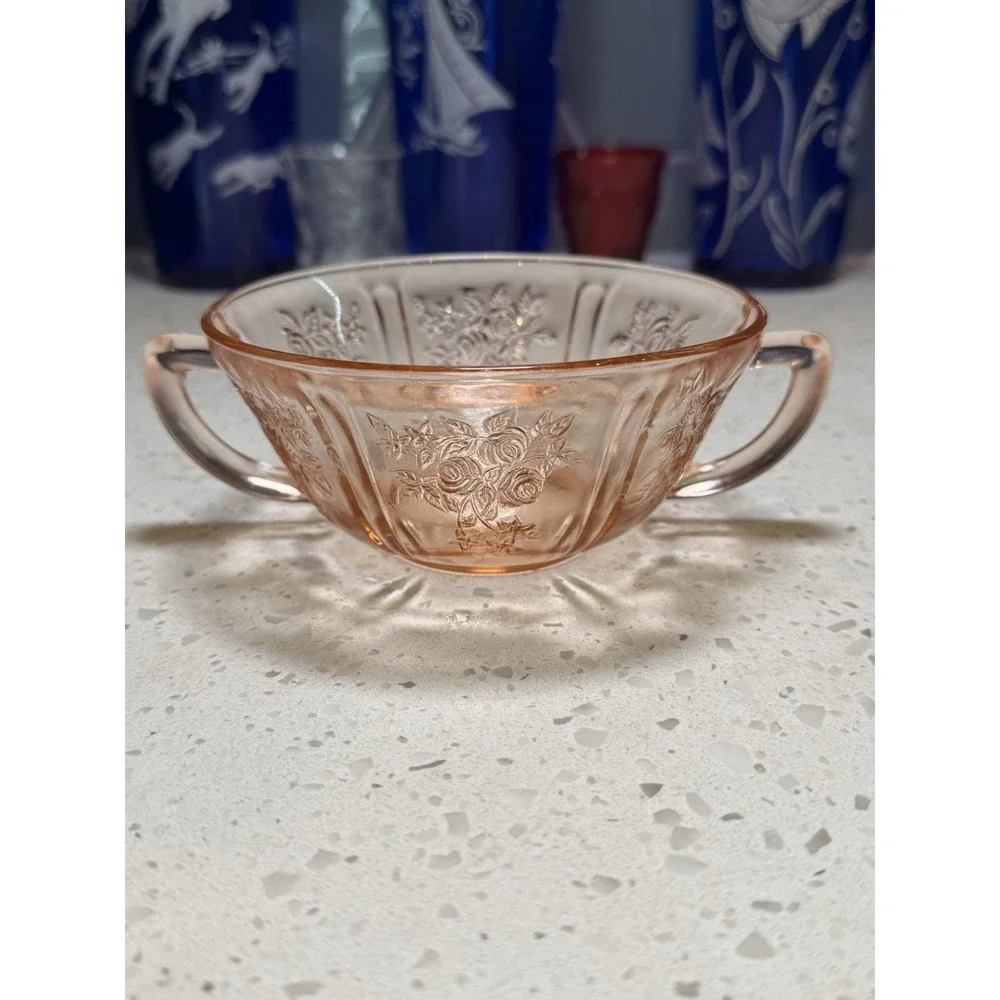 Federal Sharon Cabbage Rose Pink Handled Cream Soup Bowl Depression Glass